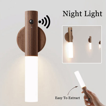 Veilleuse sans fil LED USB magnétique en bois pour couloirs et porches, lampe murale avec détecteur de mouvement PIR, lampe d'armoire