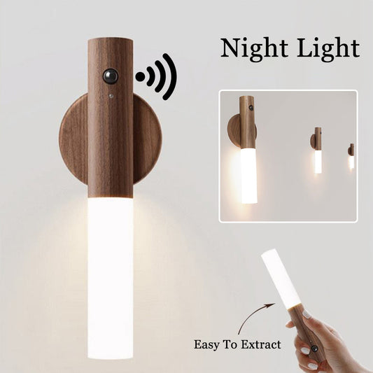 Veilleuse sans fil LED USB magnétique en bois pour couloirs et porches, lampe murale avec détecteur de mouvement PIR, lampe d'armoire