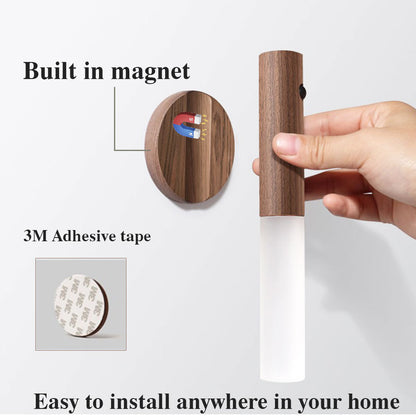 Veilleuse sans fil LED USB magnétique en bois pour couloirs et porches, lampe murale avec détecteur de mouvement PIR, lampe d'armoire